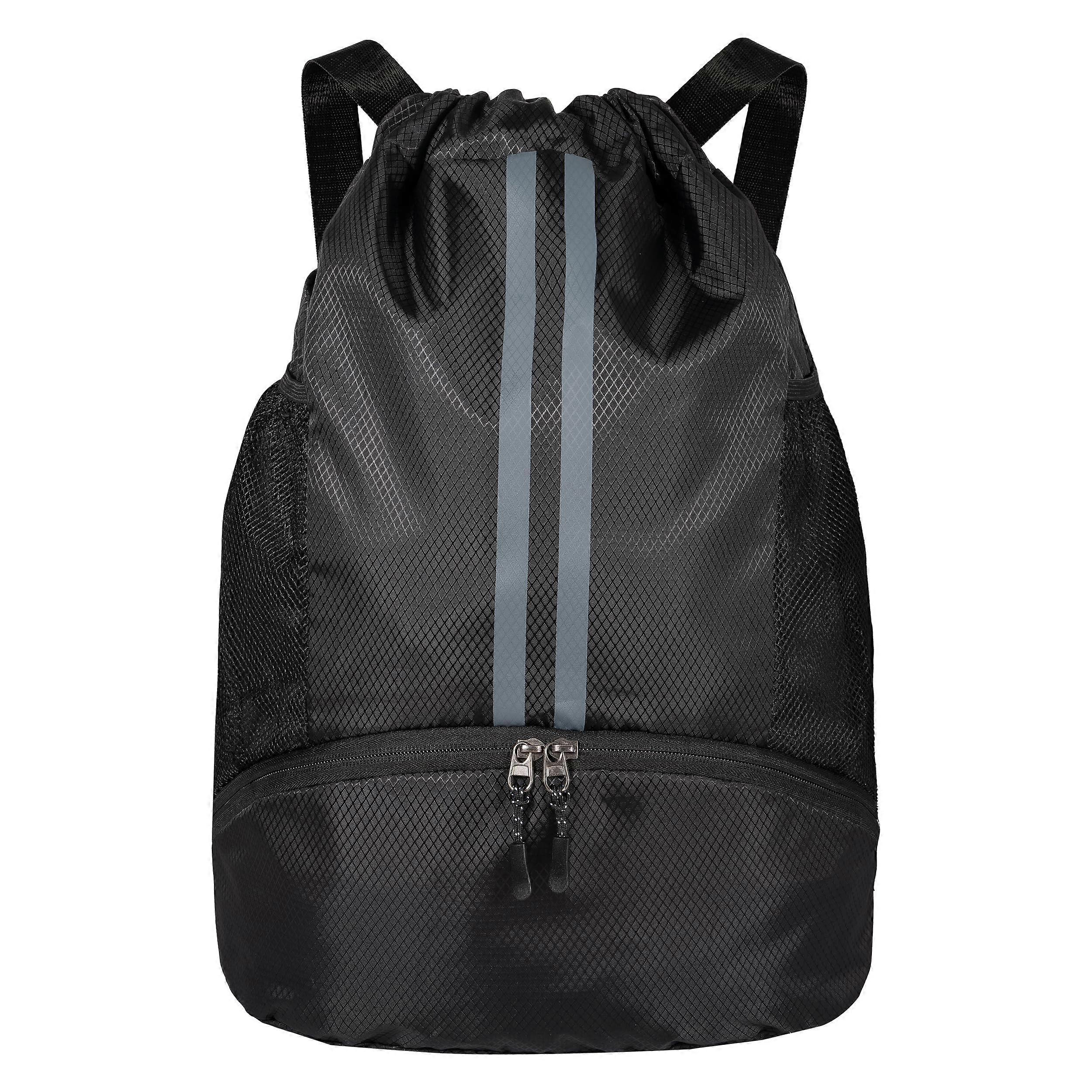Gym Bag, Black, Sports Bag with Shoe Compartment, Large Drawstring Bag