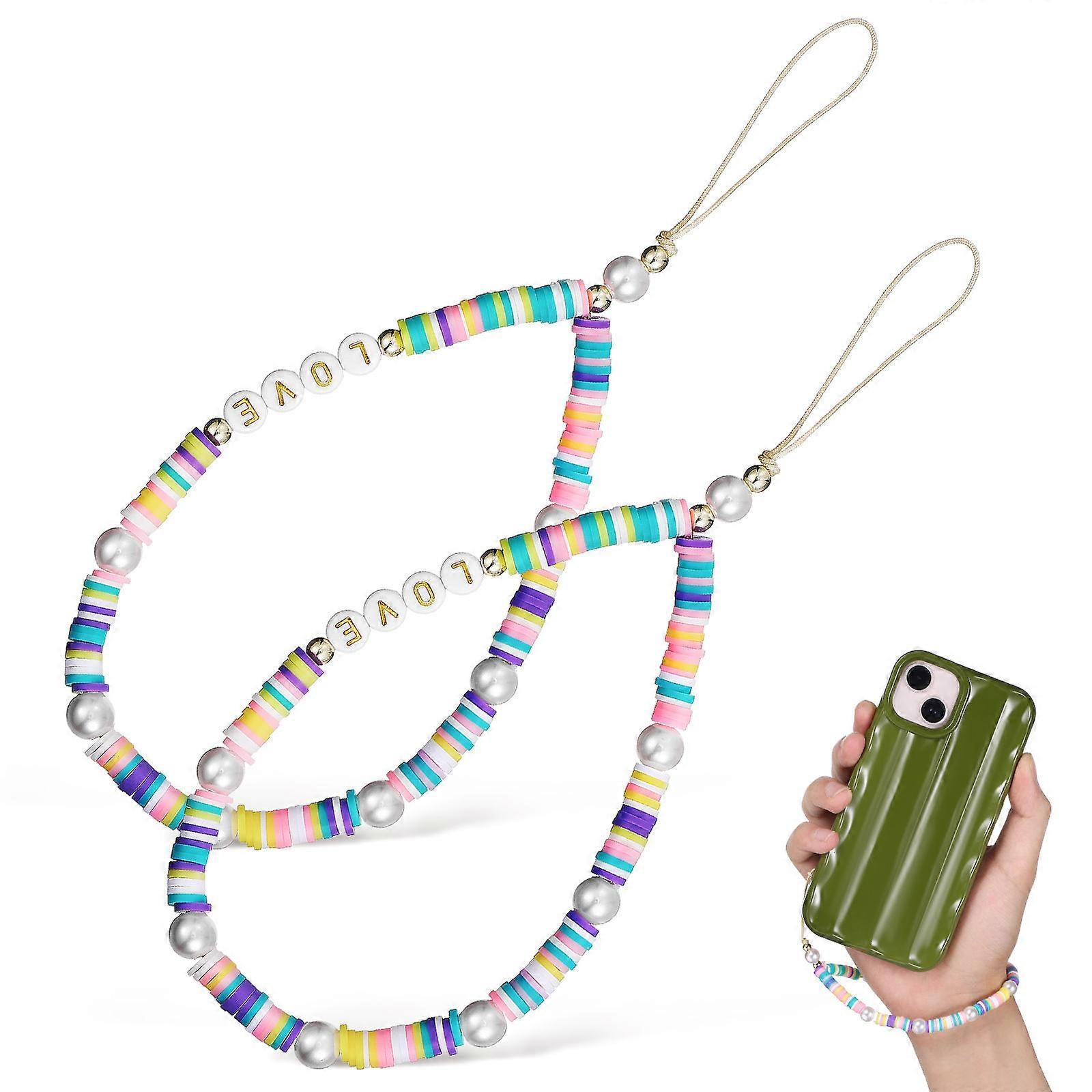 2Pcs Polymer Clay Mobile Phone Lanyards with Colorful Beads for Decoration Lightweight and