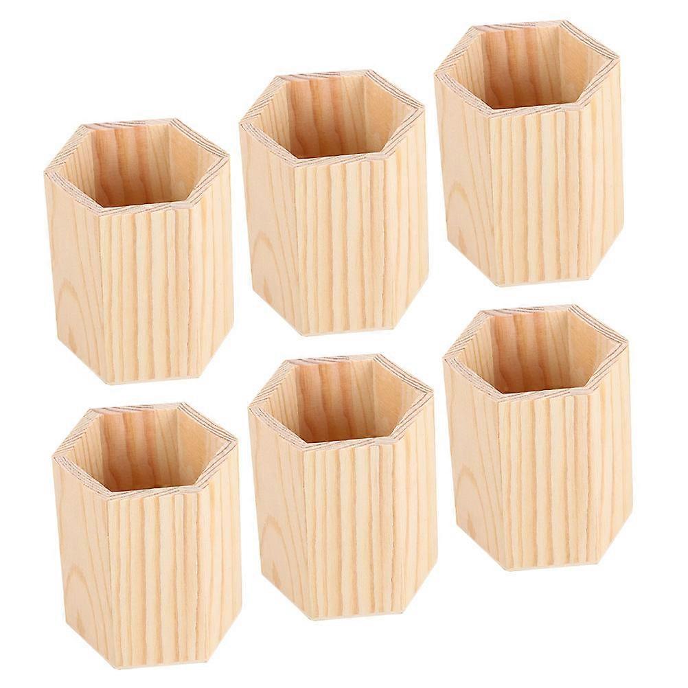 Natural Pine Wood Pen Holder Organizer – 6PCS Geometric Desk Storage Case for Office, Classroom & Makeup Brushes – Space Saving Design for Tidy