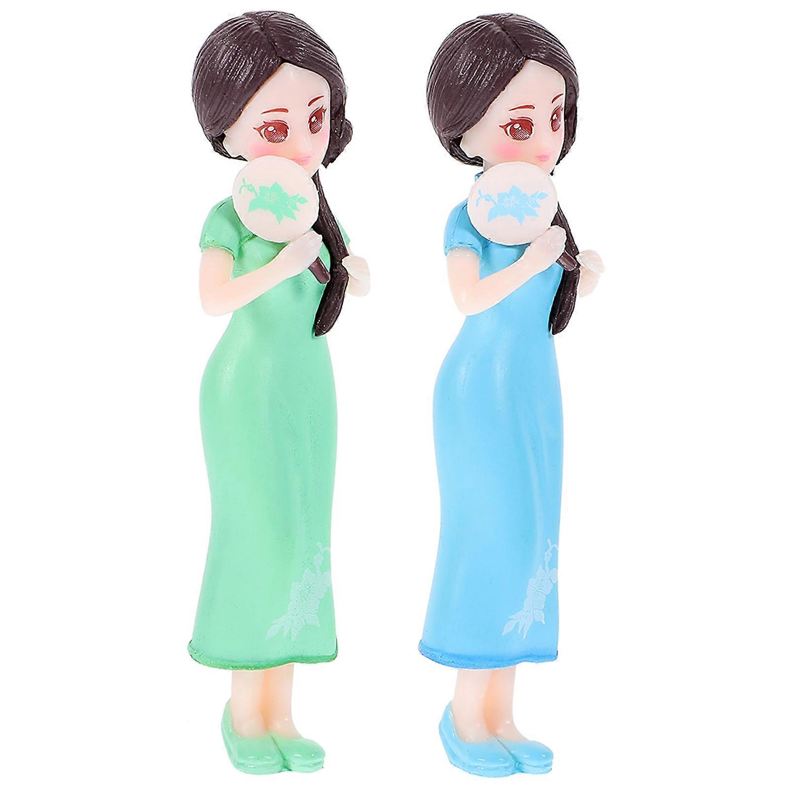 2pcs Resin Chinese Cheongsam Girl Figurine Desktop Decor, Creative Year Ornament, Compact Green Home Office Decoration