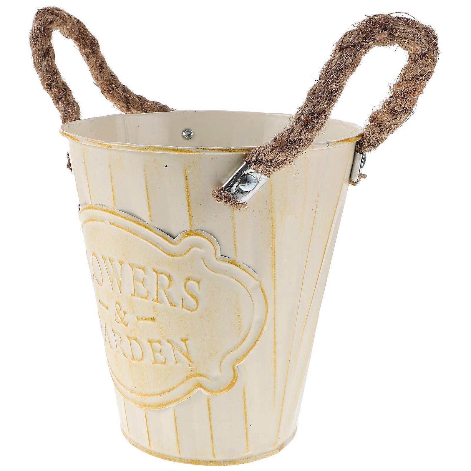 Iron Flower Pot Decorative Bucket with Hemp Rope for Storage Beige Color Style 7.5