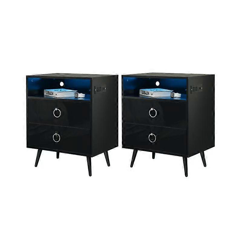Amelia Modern Led Bedside Table With Usb And Power Socket Black X 2 Bedside Tables