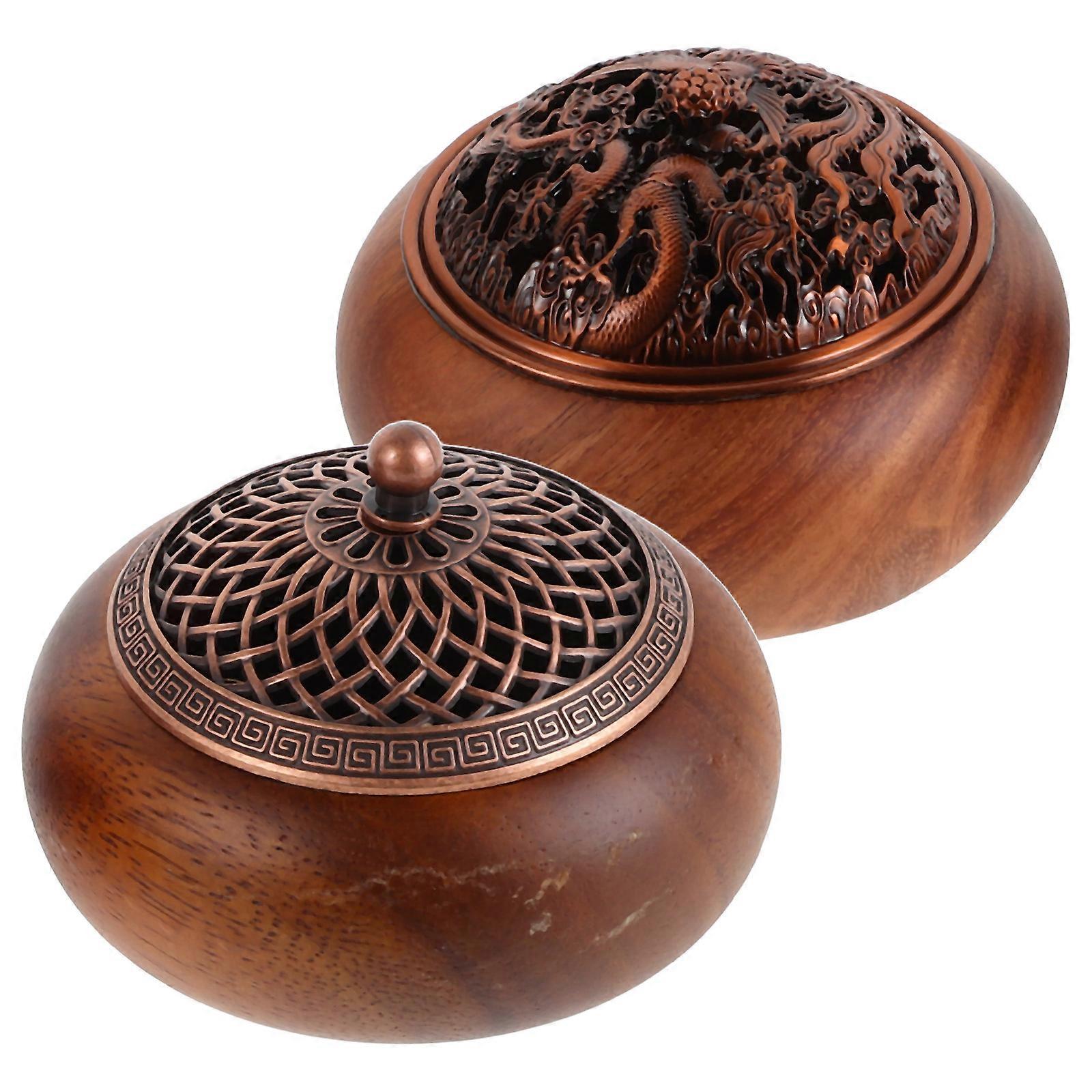Wooden Incense Burner with Lid for Decor Coffee Color 2 Pieces