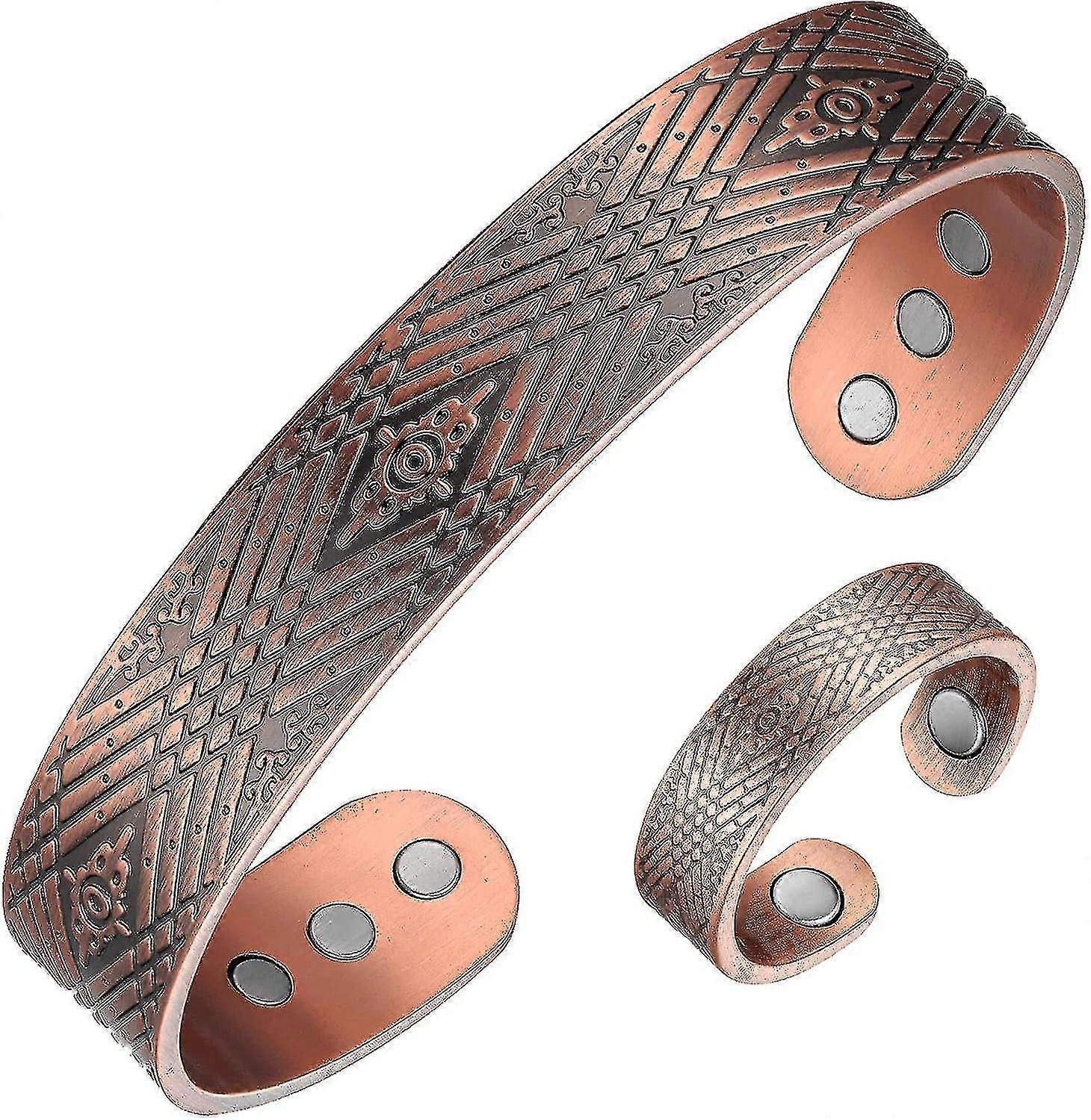 2pcs Magnetic Copper Bracelets with Ring, Ultra Strength Pure Copper Bangle for Men