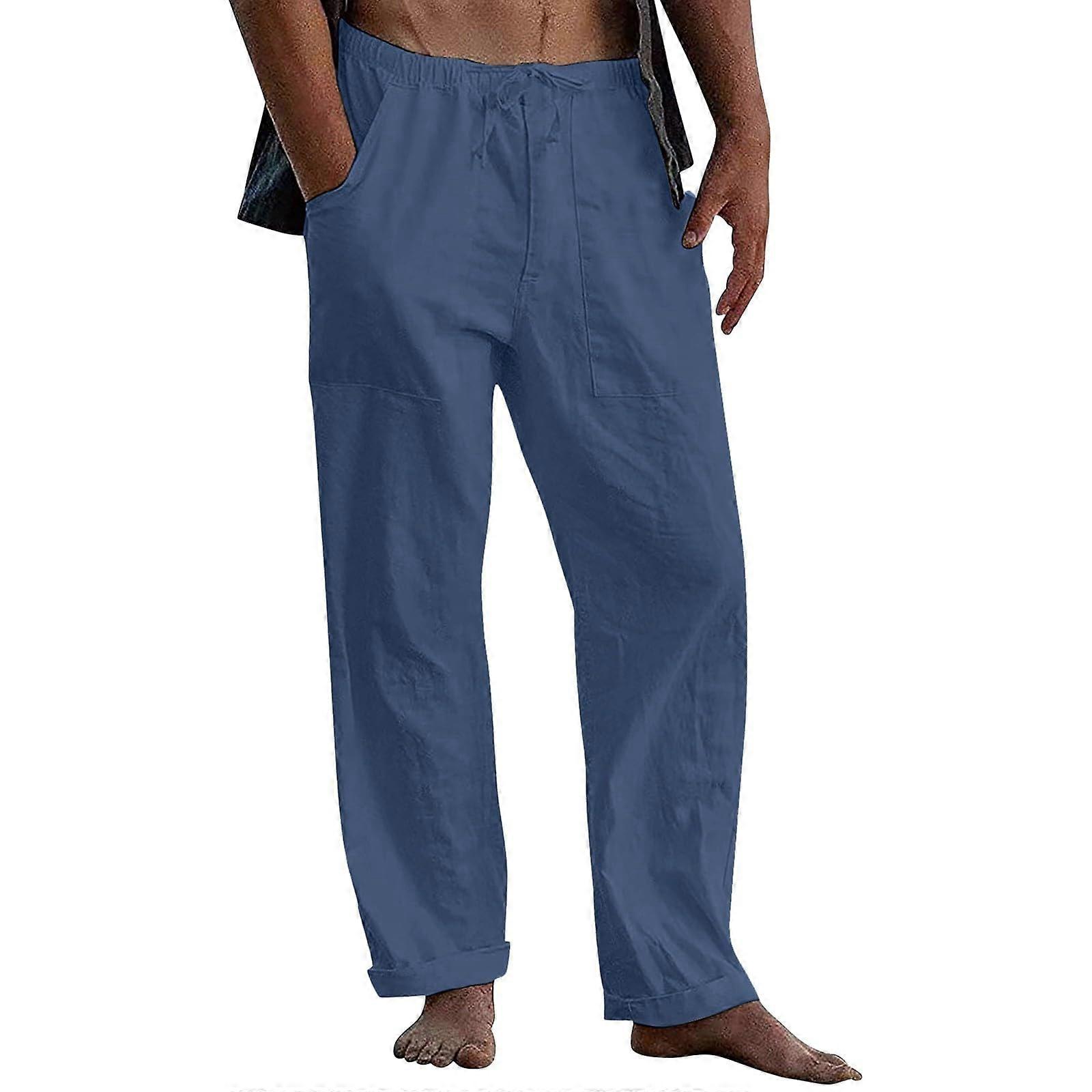 Men's casual linen pants, plain linen trousers, long summer pants with drawstring