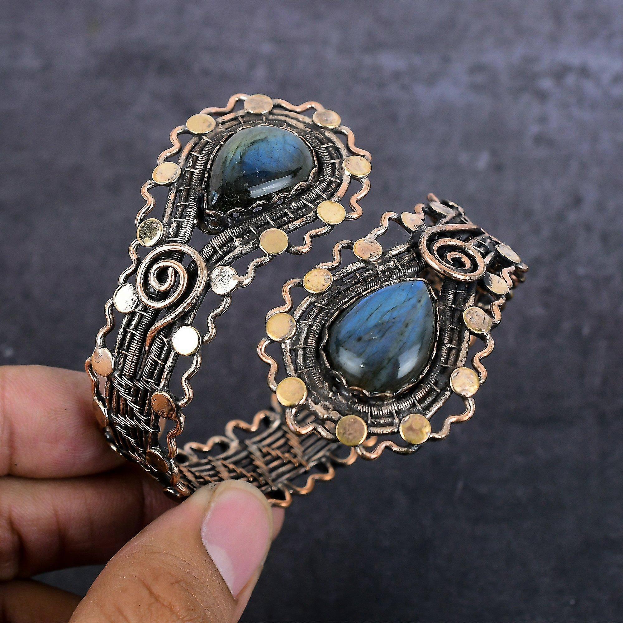 Natural Labradorite Gemstone Copper Wire Wrap Cuff Bangle Adjustable j6Y21