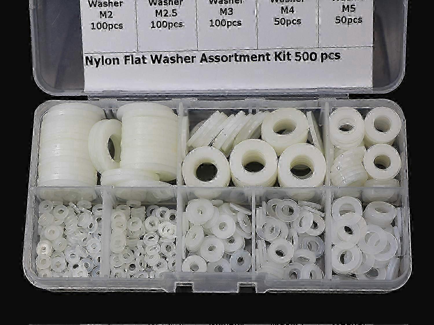 Assorted Nylon Washers and Spacers Kit - M2 to M10 Sizes, 500 Pieces for DIY Projects and Mechanical Use