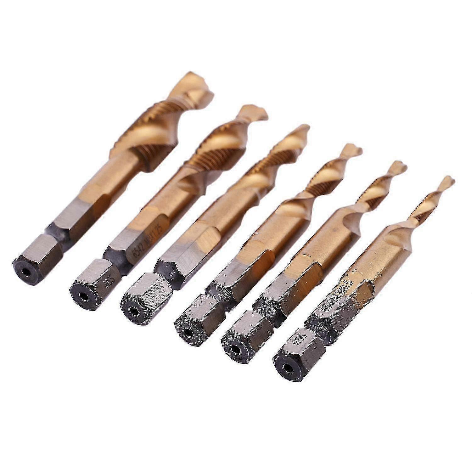 6pcs HSS Titanium Coated M3-M10 Hex Shank Deburring Countersink Drill Bit Set in Gold Finish