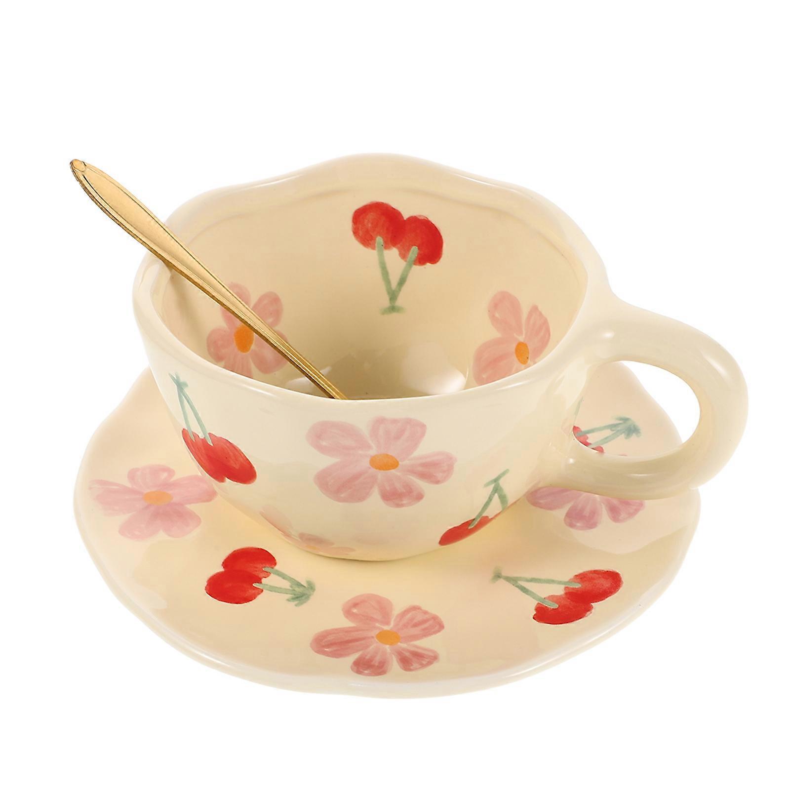 Floral Coffee Mug Ceramic Coffee Cup Set Stainless Steel Teacup With Saucer For Kitchen Latte Cappuccino General Consumers 1Set