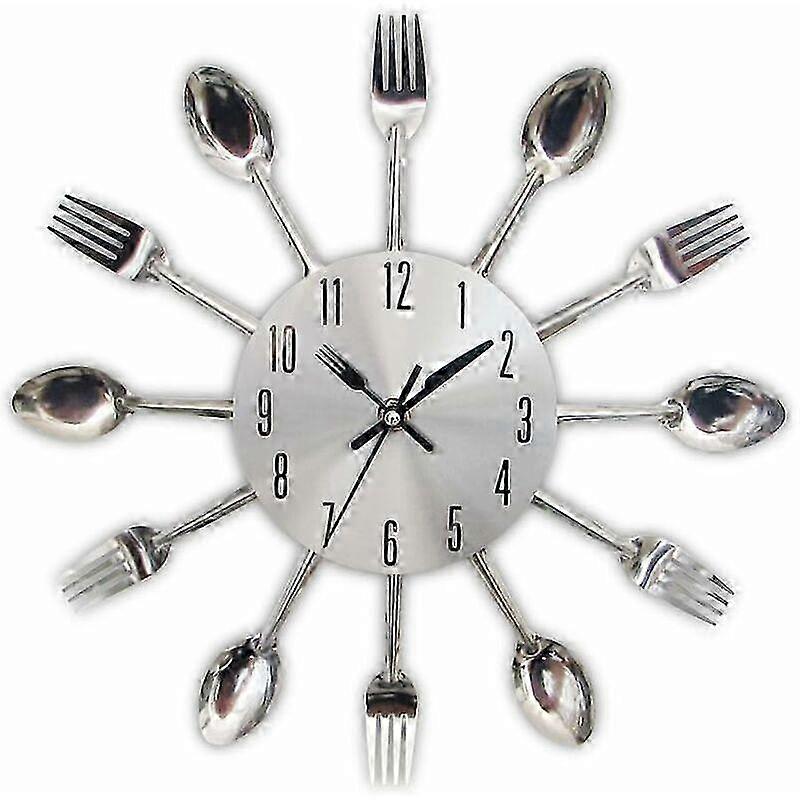 Mirror effect kitchen clock with spoon, fork, 32x32x4CM metallic silver