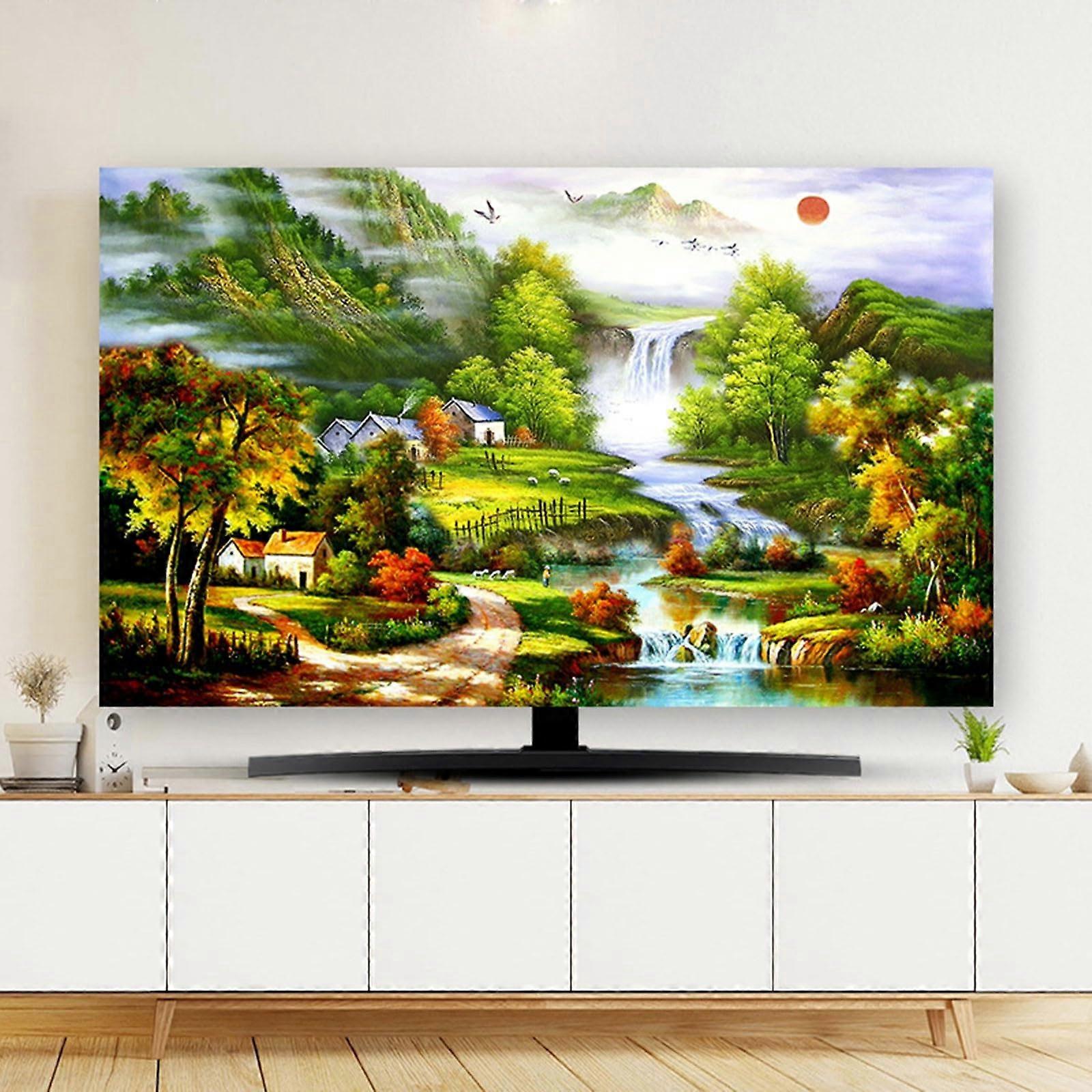 Landscape Painting TV Cover 70 Inch, Chinese Style Pattern Universal Elastic Dust Cover for 32-80 Inch TVs, Color9