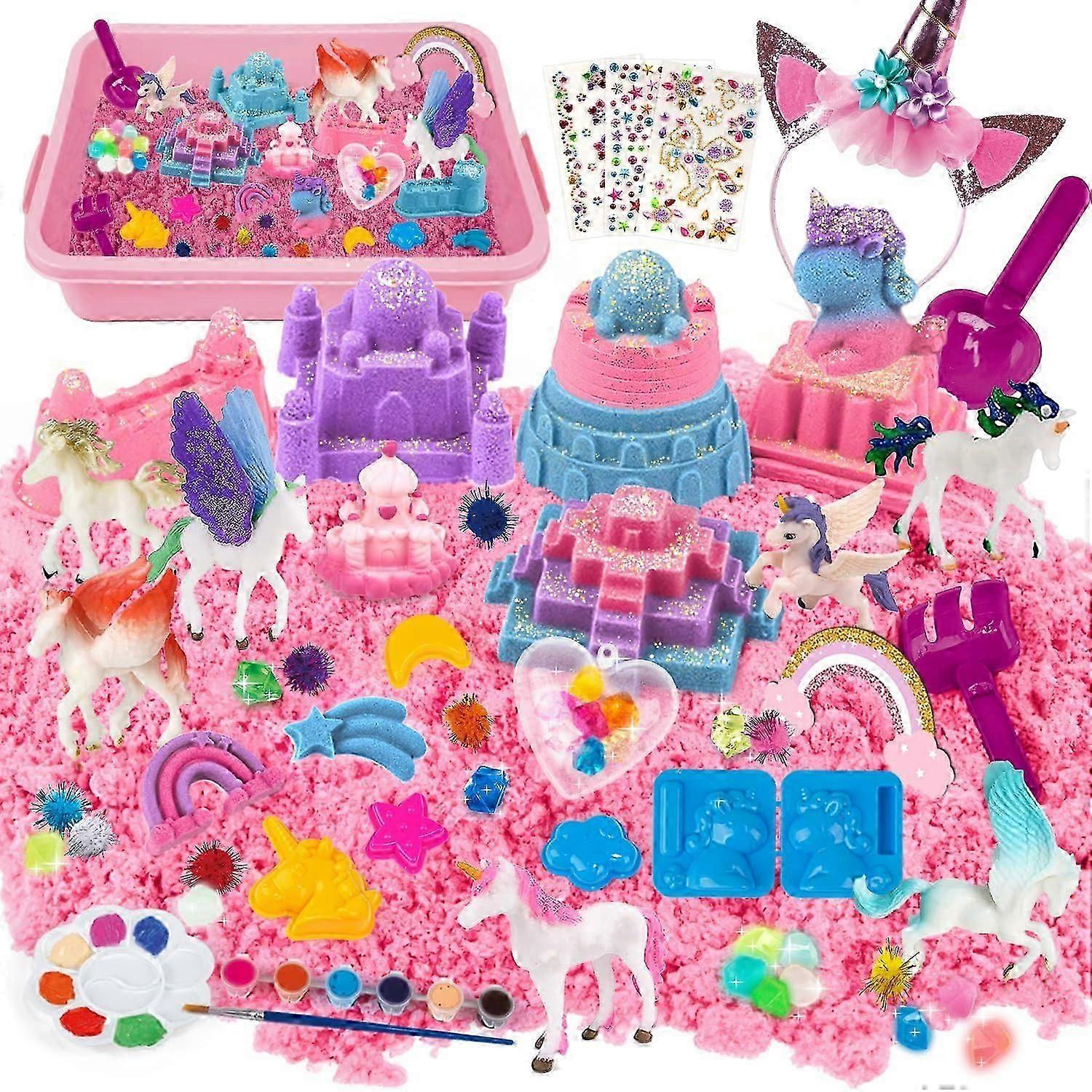 صندوق يونيكورن الحسي ، 3 ألوان Magic Play Sand Art Kit w / Sandbox ، 13 Castle Unicorn Mould ، ملصقات طلاء DIY ، هدية ل 38