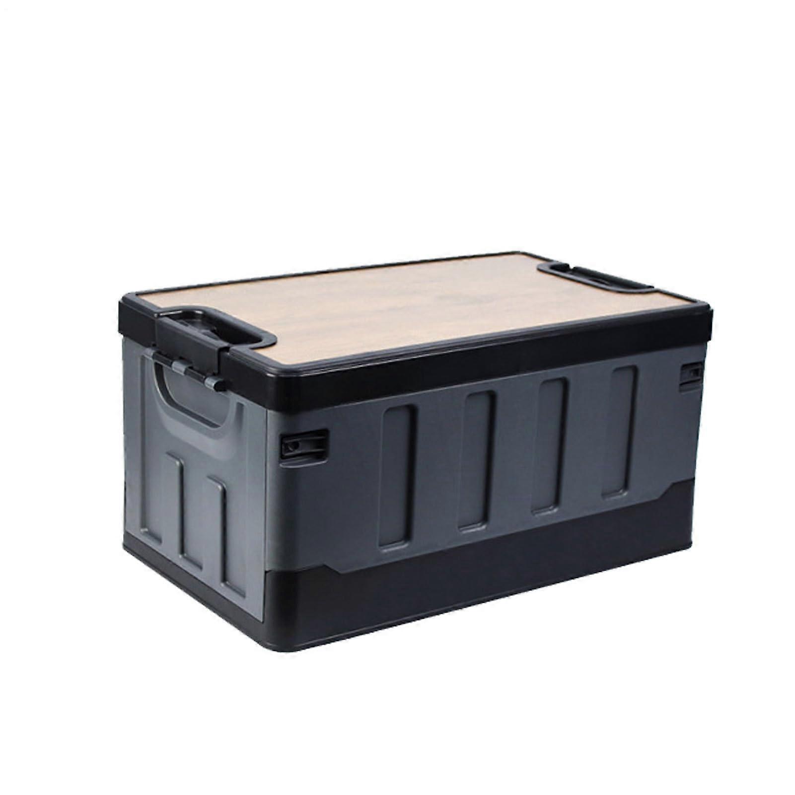 Outdoor Storage Box - Large Capacity PP Foldable Camping Container with Wooden Cover for Travel, Picnic, and Car Trunk Organization