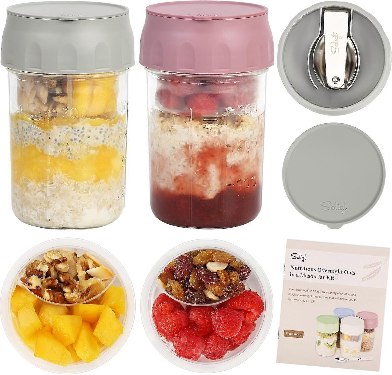 Soligt Overnight Oats Containers with Lids, Folding Spoons, Divided Compartments, 16oz Glass Jars for Oatmeal Yogurt Parfait