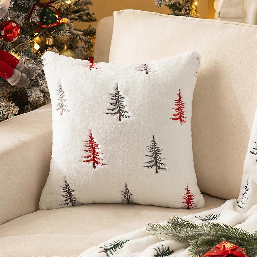Imitation Rabbit Fur Plush Pillowcase Christmas Tree Embroidery Sofa Cushion Decor 30x50cm No Filler
