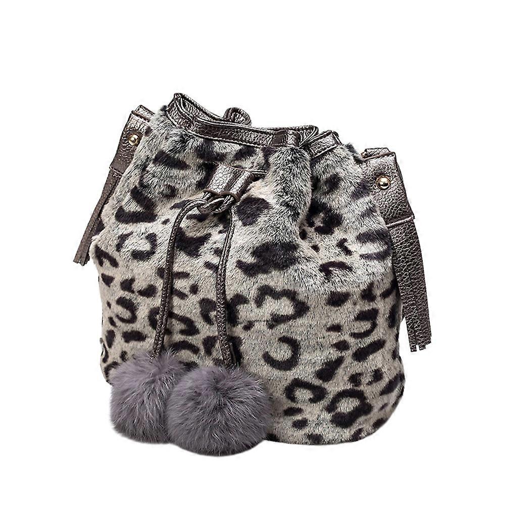Drawstring Bucket Bag Grey Leopard Handbag Fluffy Shoulder Bag Daily Use 25x13x24cm Storage 1Pack