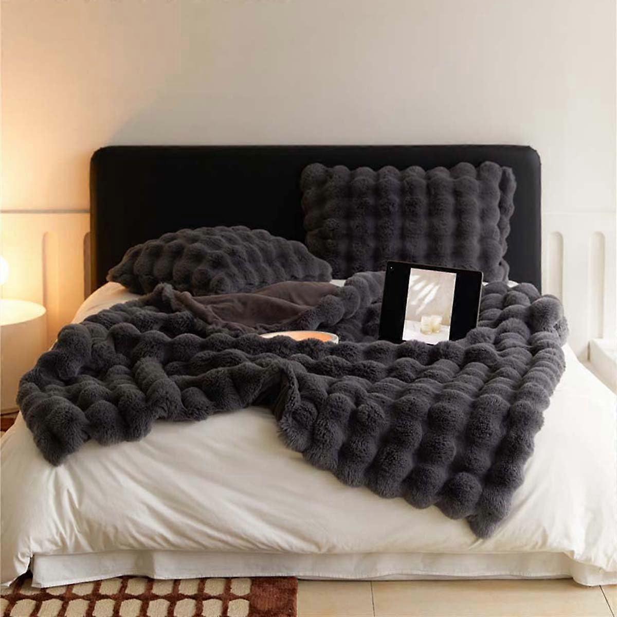 Luxury Faux Rabbit Fur Throw Blanket, Ultra Soft Shaggy Plush Throw For Bed, Couch And Sofa, Gray 100x160 cm