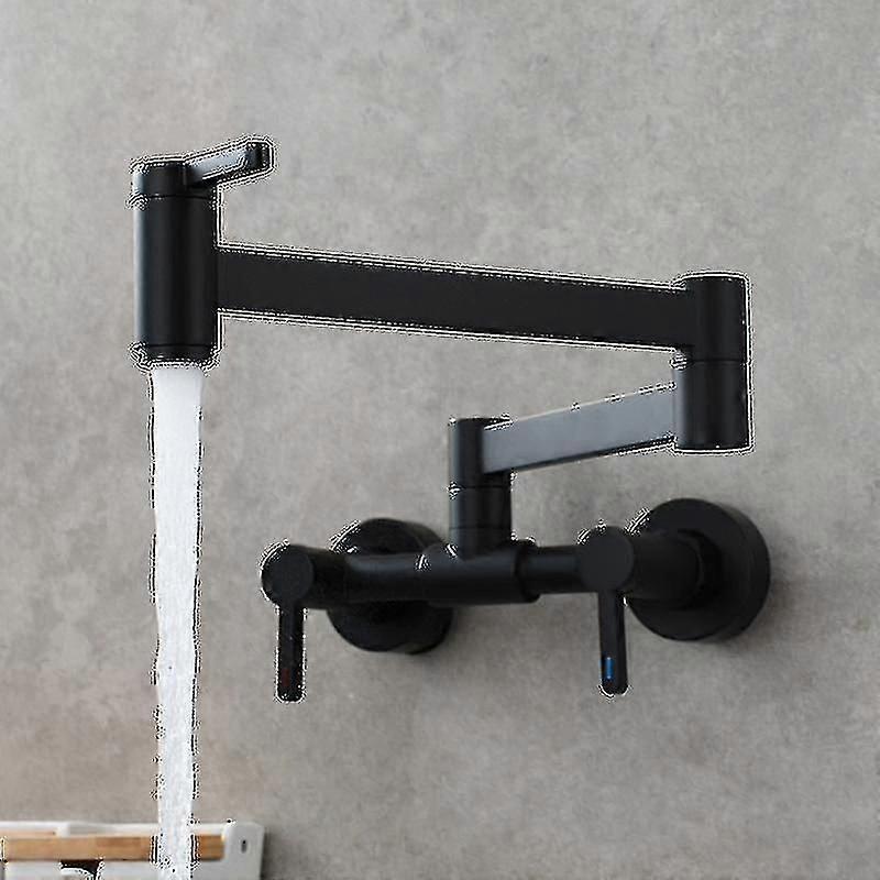 صنبور حوض مطبخ قابل للطي بمقبضين من النحاس الذهبي مثبت على الحائط مزود بذراع متأرجح