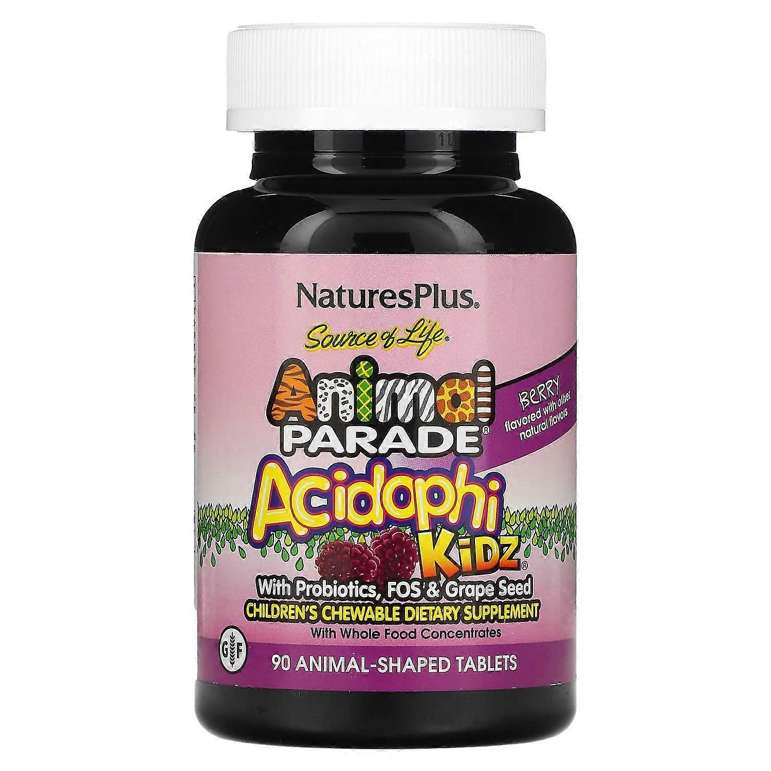 NaturesPlus, Source of Life, Animal Parade, AcidophiKidz, Children's Chewable, Berry, 90 Animal-Shaped Tablets