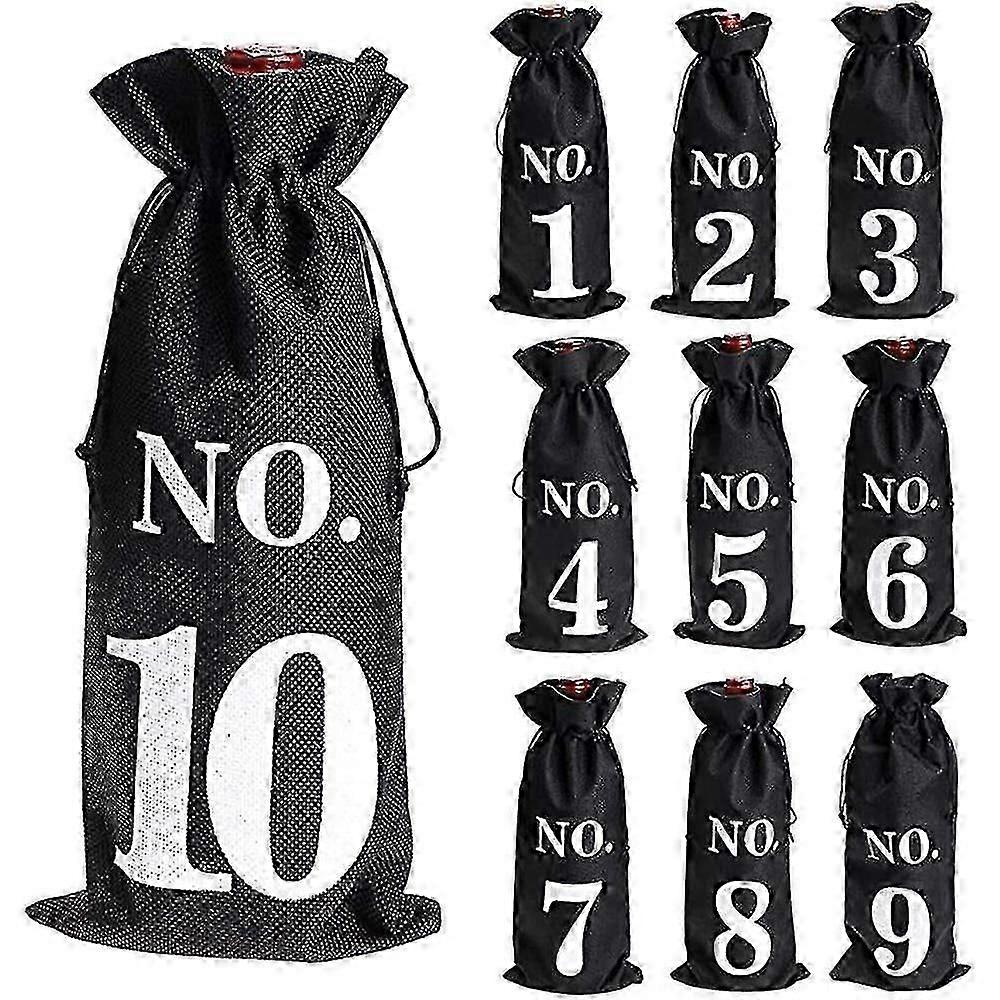 10 Pack Burlap Wine Bottle Sleeves with Drawstring Closure and Pockets for Blind Tasting_c*