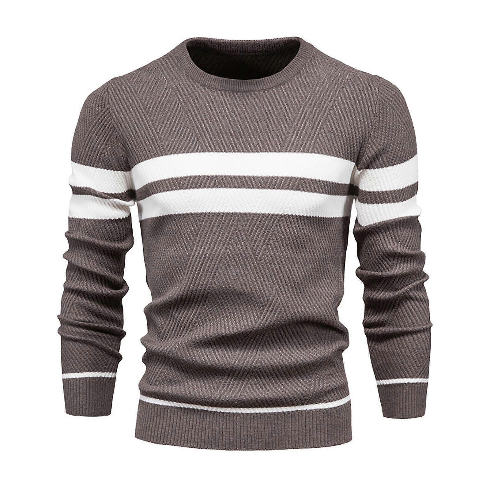 Men's Thin Slim Fit Fine Knit Pullover Striped Long Sleeve Sweater Winter Jumper Size L Color Coffee Casual Retro