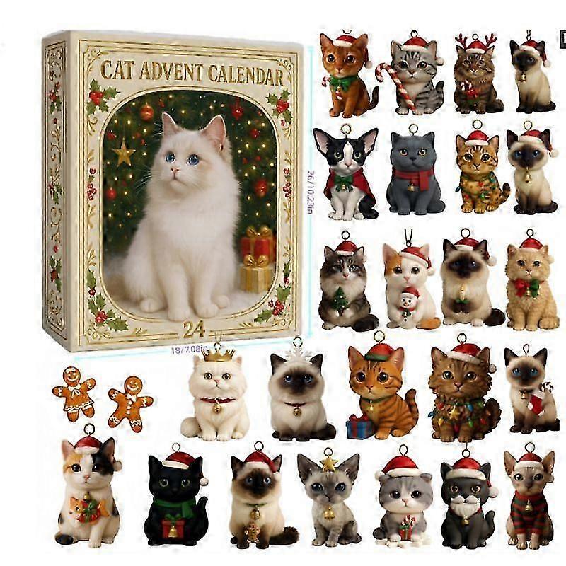 Cat Advent Calendar 2025-24Pcs Festive Breeds Ornaments - Advent Calendar for Pets with Reusable Ornaments, Idea for Cat Lovers Pet Parents and Famili