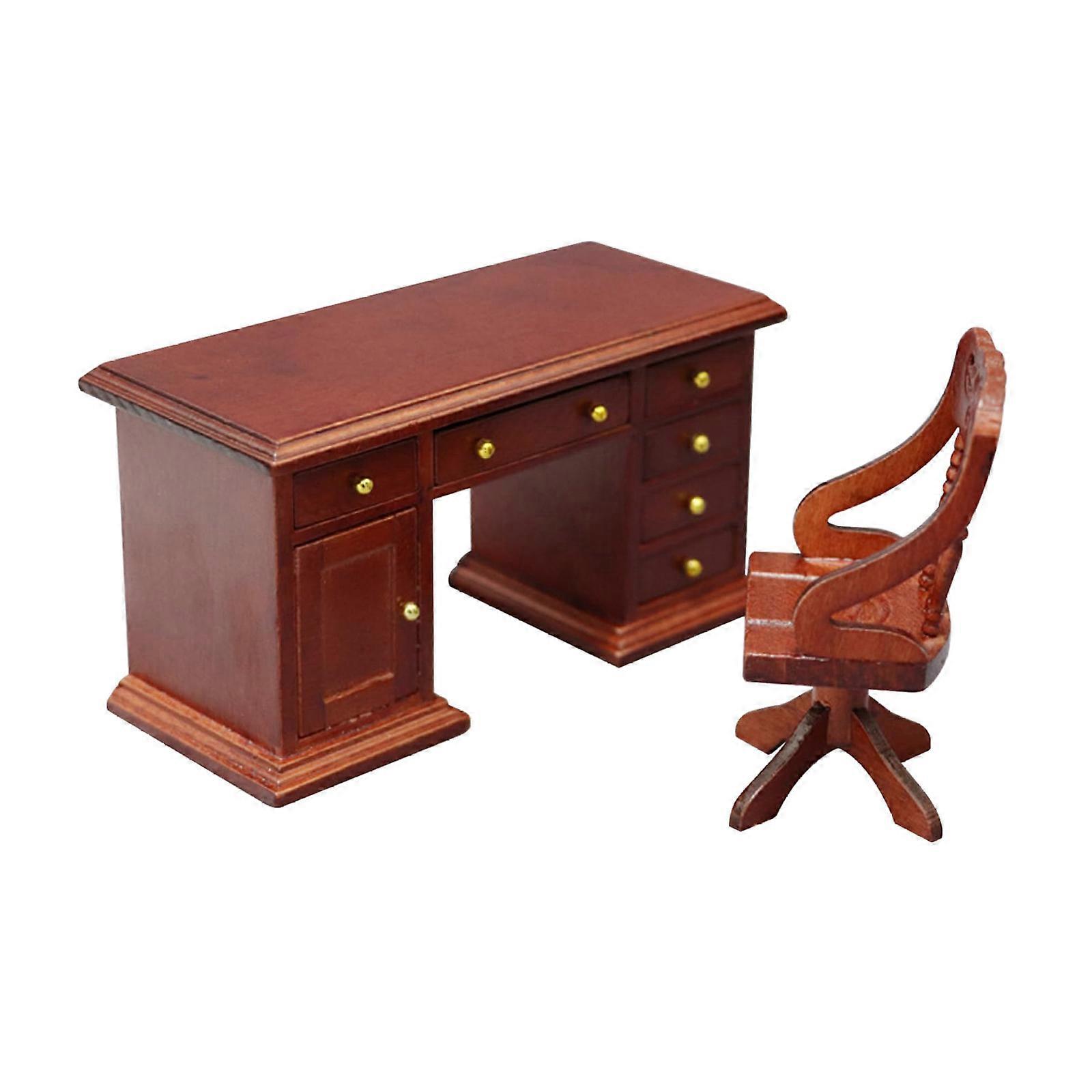 Realistic Miniature Wooden Office Desk With Chair 1/12 Scale Historical Study Room Addition For Models Multicolor