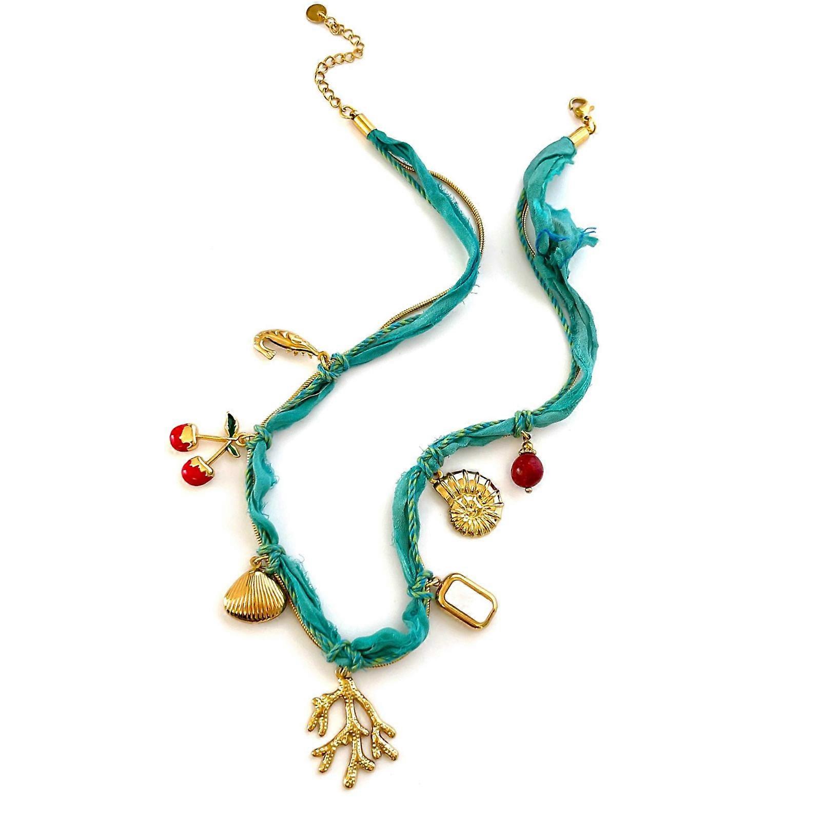 Adjustable Length Lightweight Fabric Layering Necklace With Shell Conch Fruit Charm Perfect For Summer Beach Style Multicolor