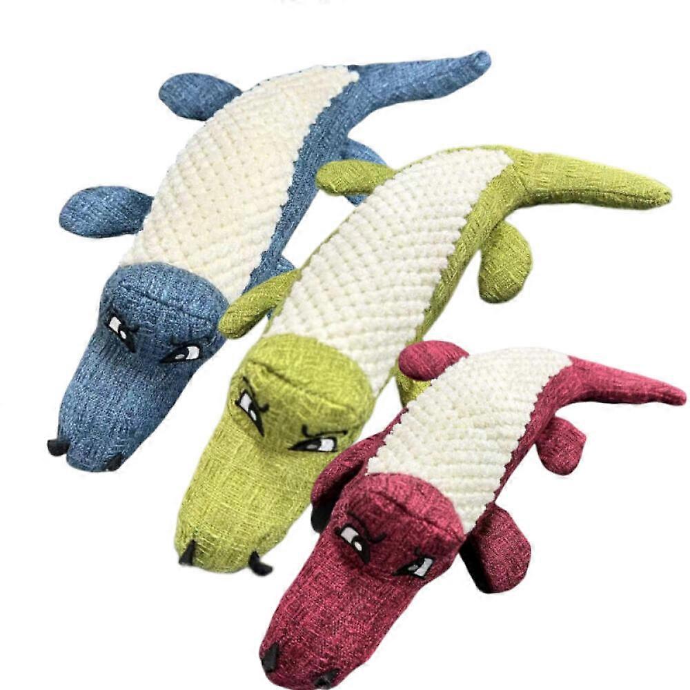Crocodile-shaped plush chew toy for pets, squeaking and teeth cleaning interactive training, 3-piece set.