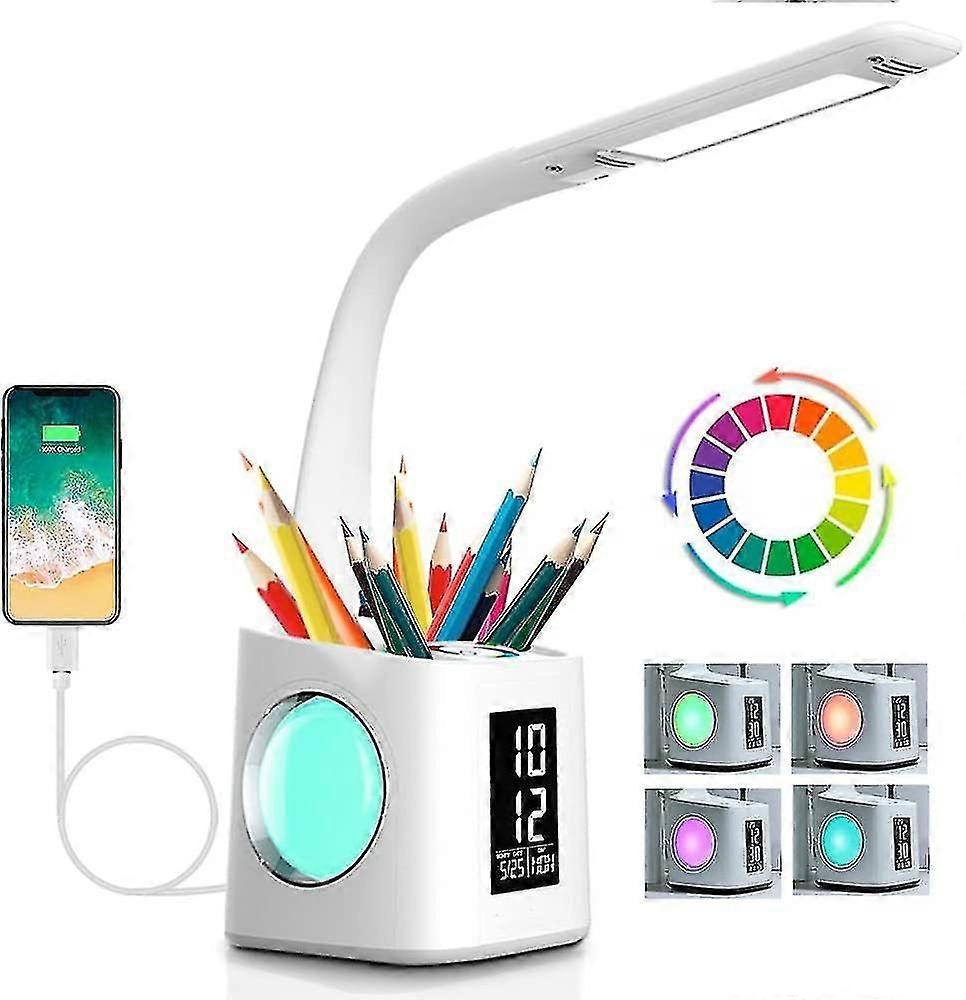 Eye-caring Led Desk Lamp Study Table Lamp Usb Charging Port Atmosphere Night Light With Pen Holder/time/calendar Display 3 Levels Dimmable Reading Lam