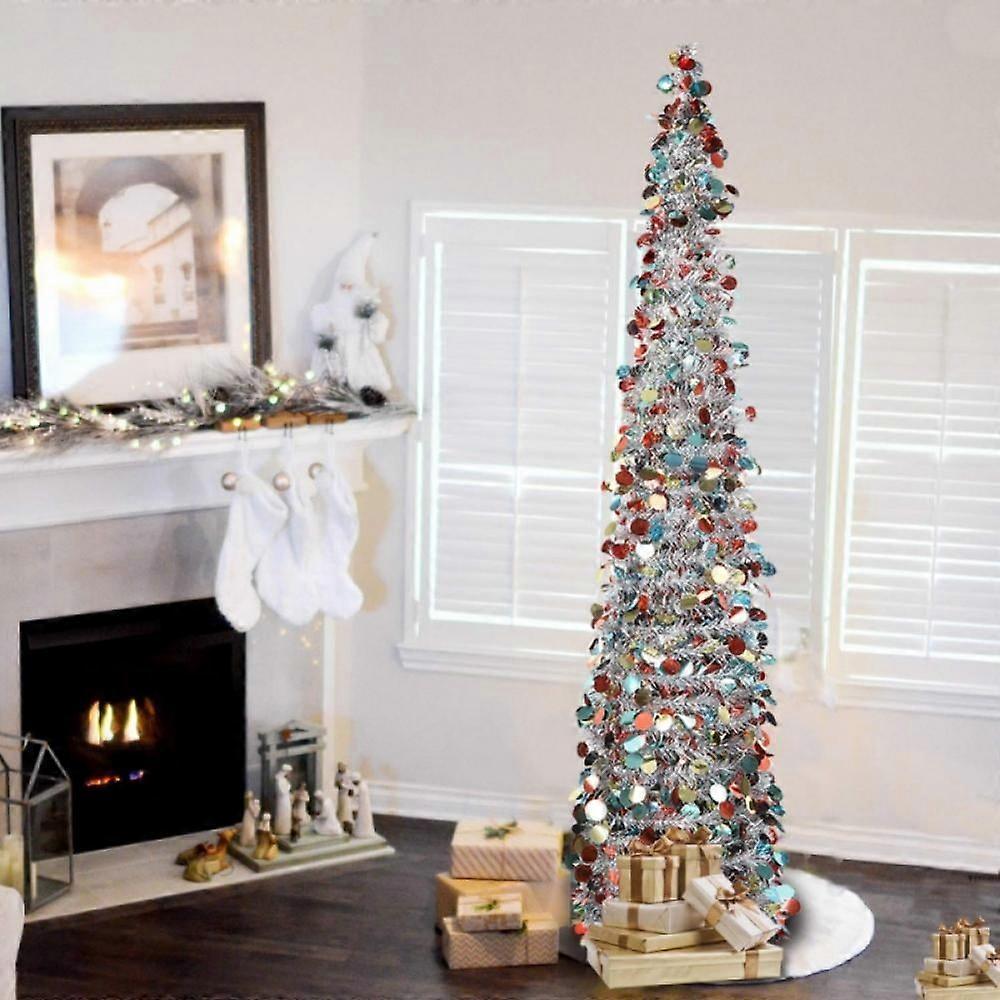 5FT Pop Up Collapsible Sequin Christmas Tree Tinsel Artificial Christmas Tree with Stand Luxury 1.5M Foldable Xmas Tree