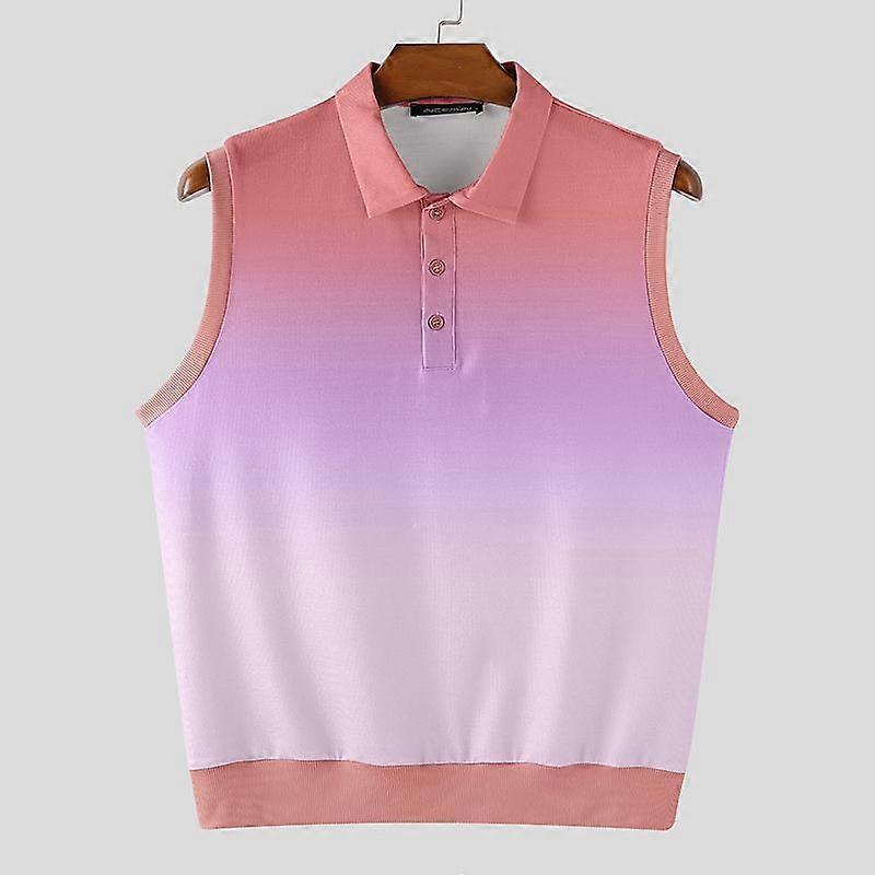INCERUN Summer Men Lapel Sleeveless Gradient Print Casual Loose Tank Tops