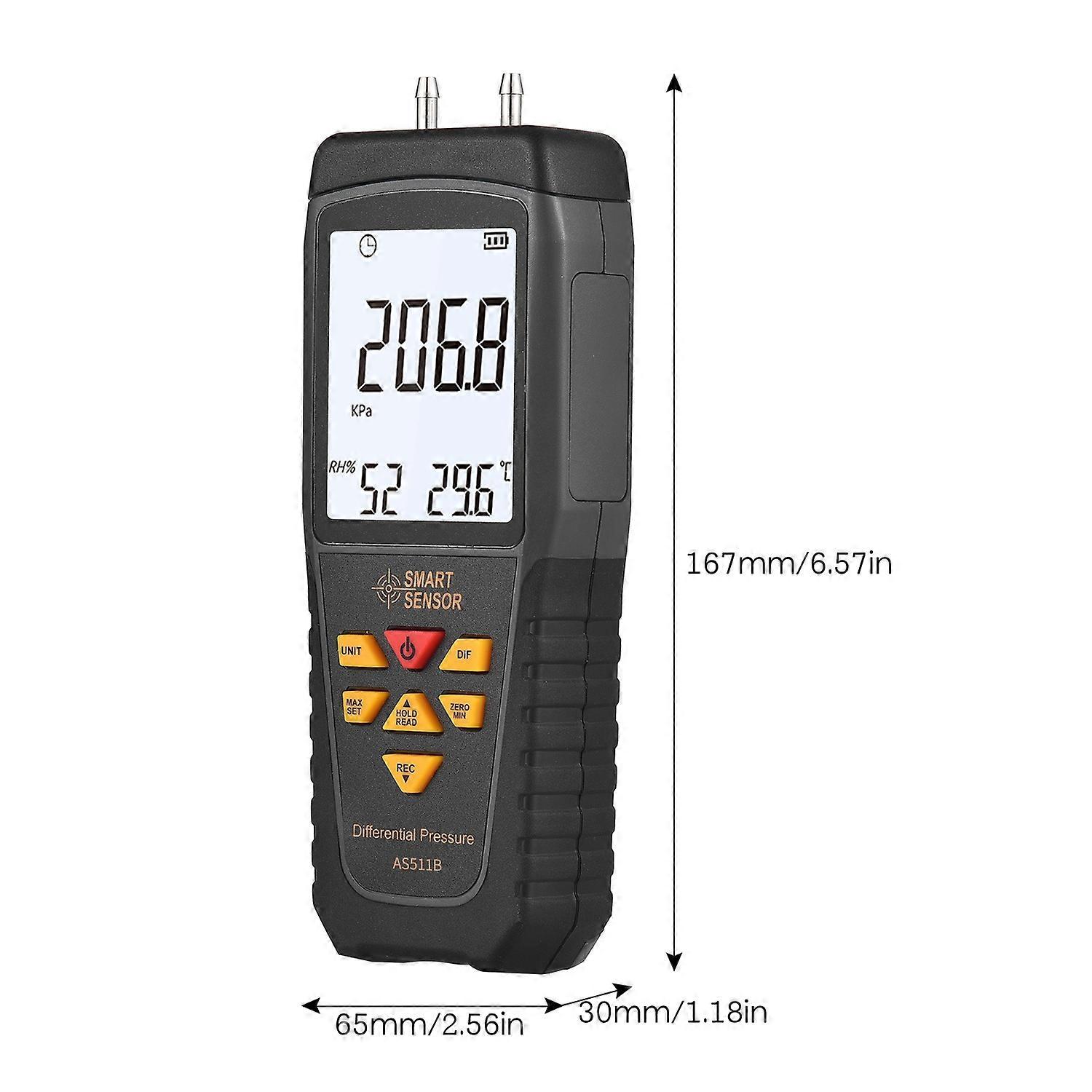 SMART SENSOR AS511B Digital Differential Pressure Gauge -206.8~206.8KPA Manometer Dual Port Air Gas 