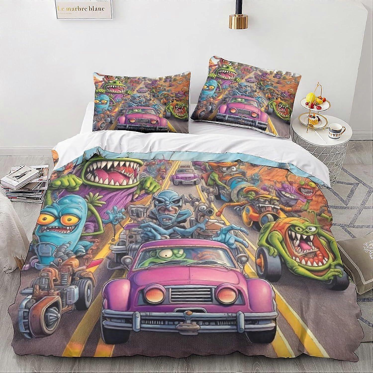 LikeEj Monsters الفراش خمر سيارة غطاء لحاف 3D الكرتون طباعة الفراش غطاء المعزي للمراهقين ستوكات 3 قطعة غطاء لحاف مزين مزدوج