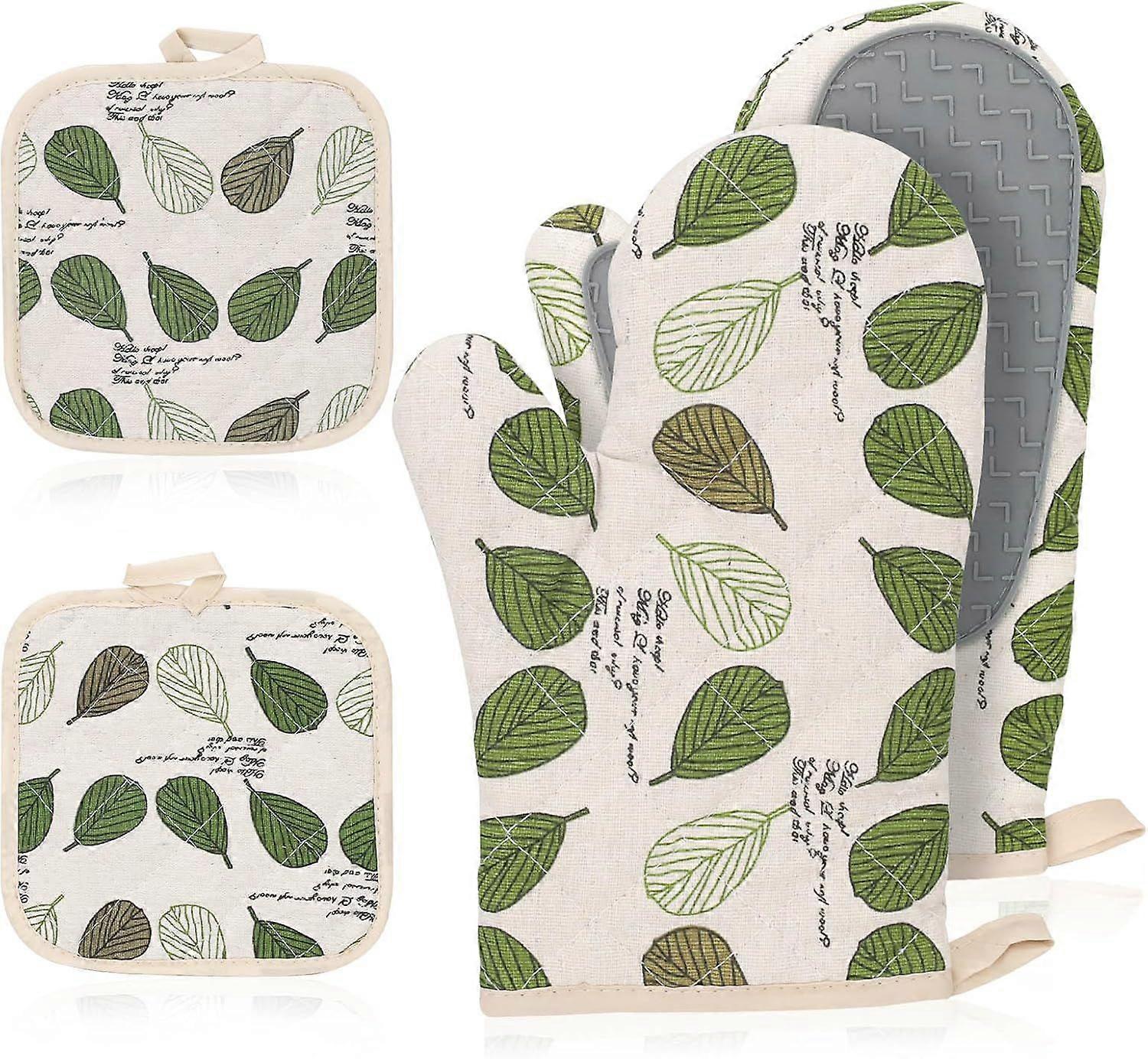 Set of 4 oven mitts and pan covers, cute oven mitts with green leaf pattern, heat resistant and with a silicone non-slip surface, ideal for cooking an