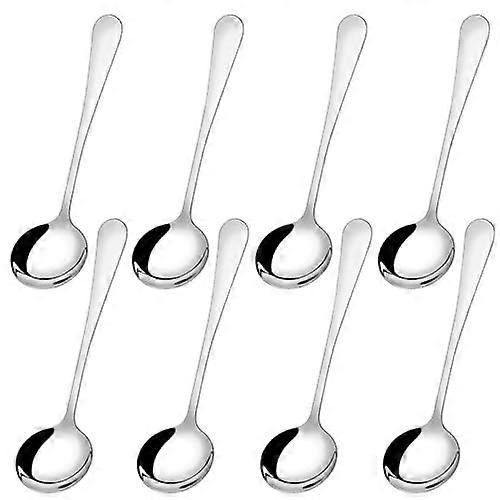 8 Pack 7 Inch Stainless Steel Soup Spoons Set with Long Handle and Mirror Polished Rounded Bowl Design