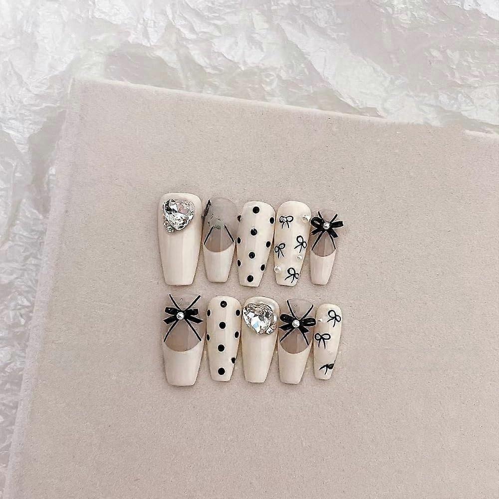 Handmade Press On Nails with Long French Bow Accent, Detachable Fake Nails Size M 1 Count