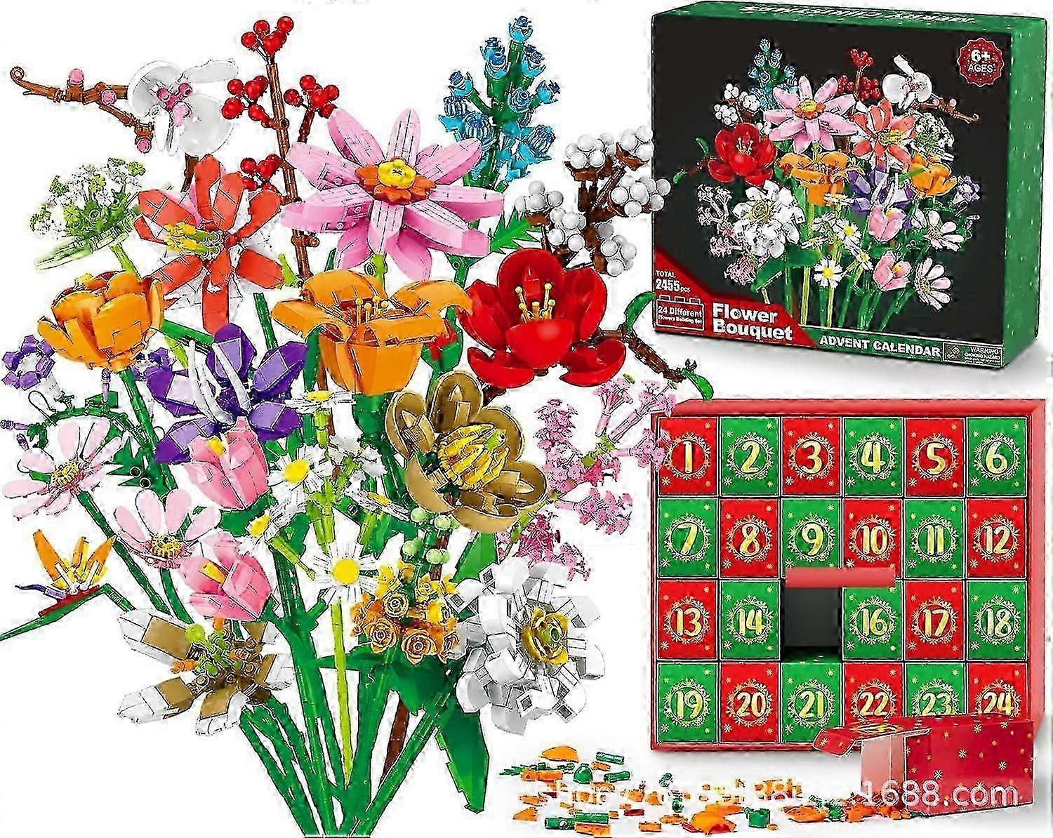 Christmas Countdown Calendar with Building Blocks, 24 Days Sunflower Flower Bouquet Surprise Box