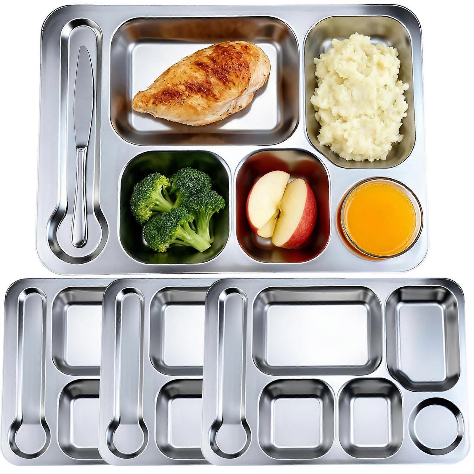 Stainless Steel Divided Plate 4 Pack, 6Compartment Dinner Tray for Portion Control Camping Adults