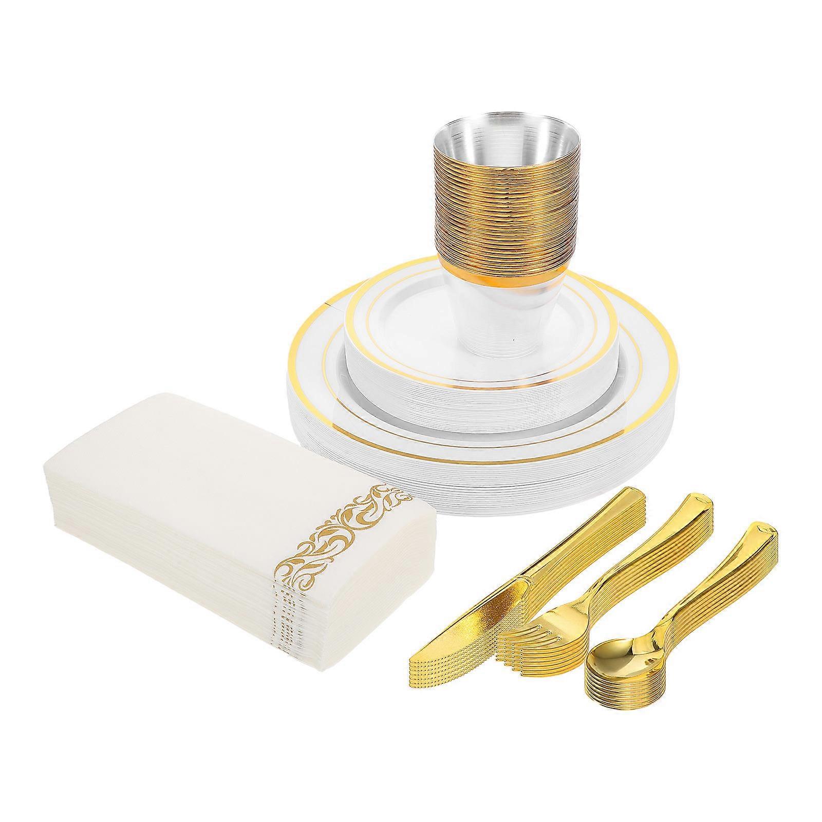 Plastic Plates and Cutlery Set for Party Use with Gold Design 25Sets