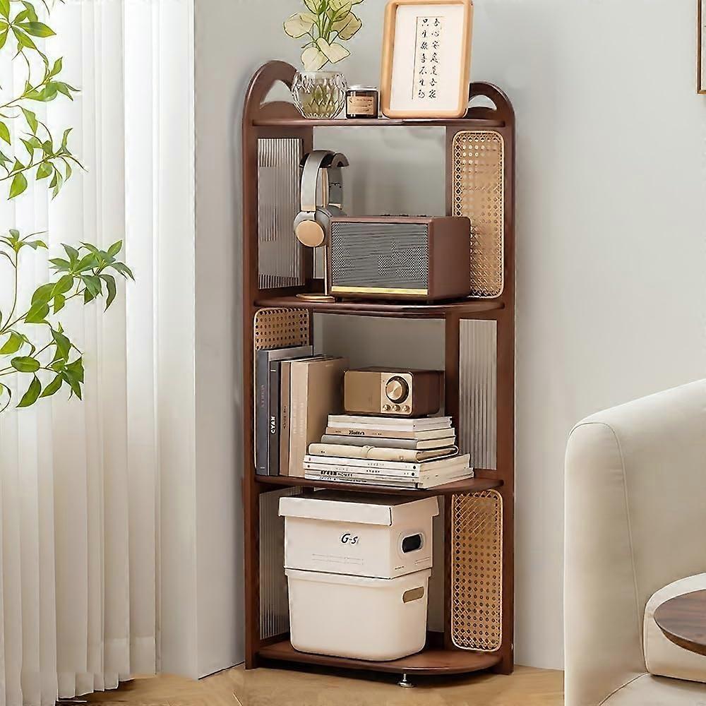 4Tier Slim Wooden Corner Storage Shelf with Rattan Panels Freestanding Bookshelf for Small Spaces Brown Left