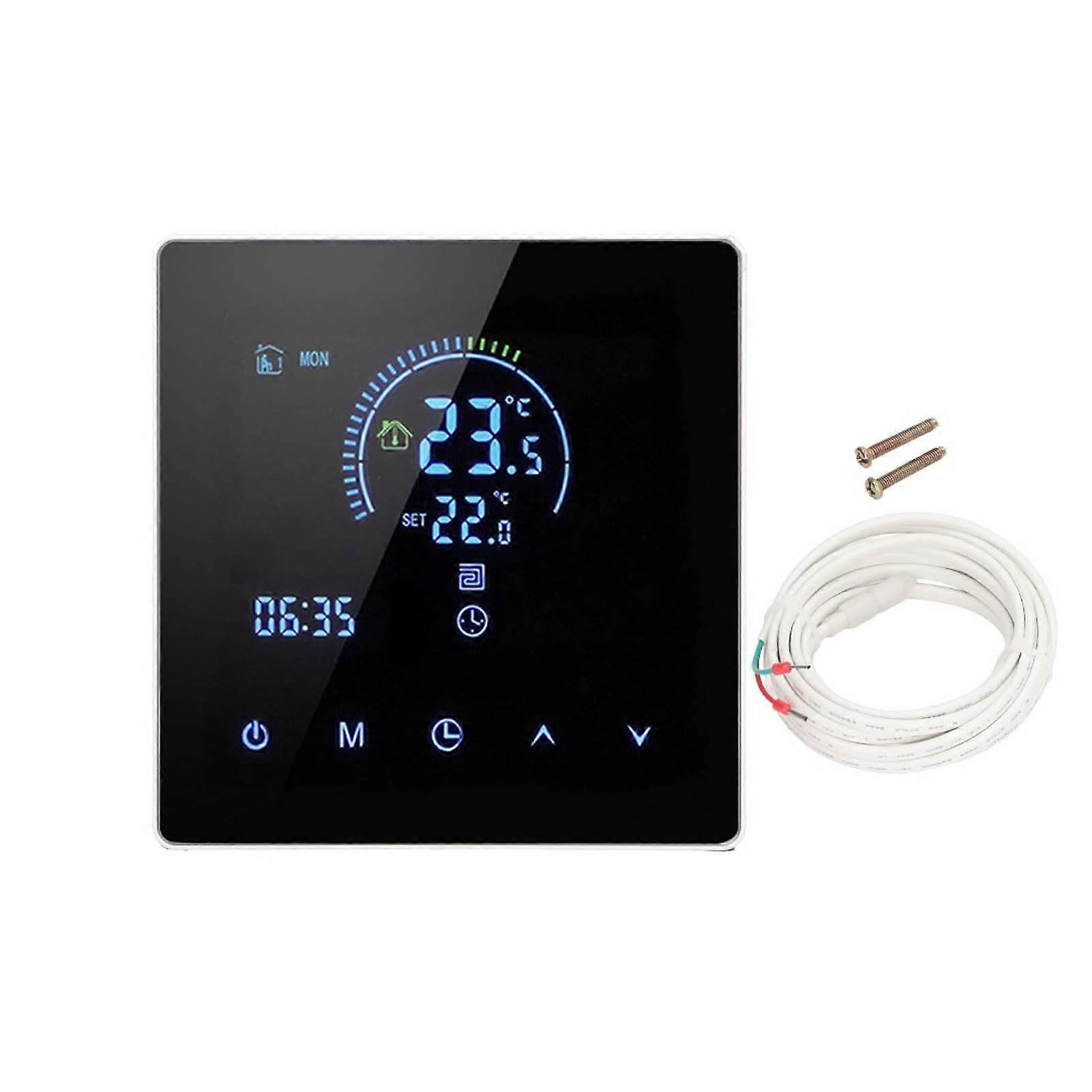 Smart Thermostat with Large LCD Touch Screen, 16A Programmable Controller for Electric Floor Heating, Black