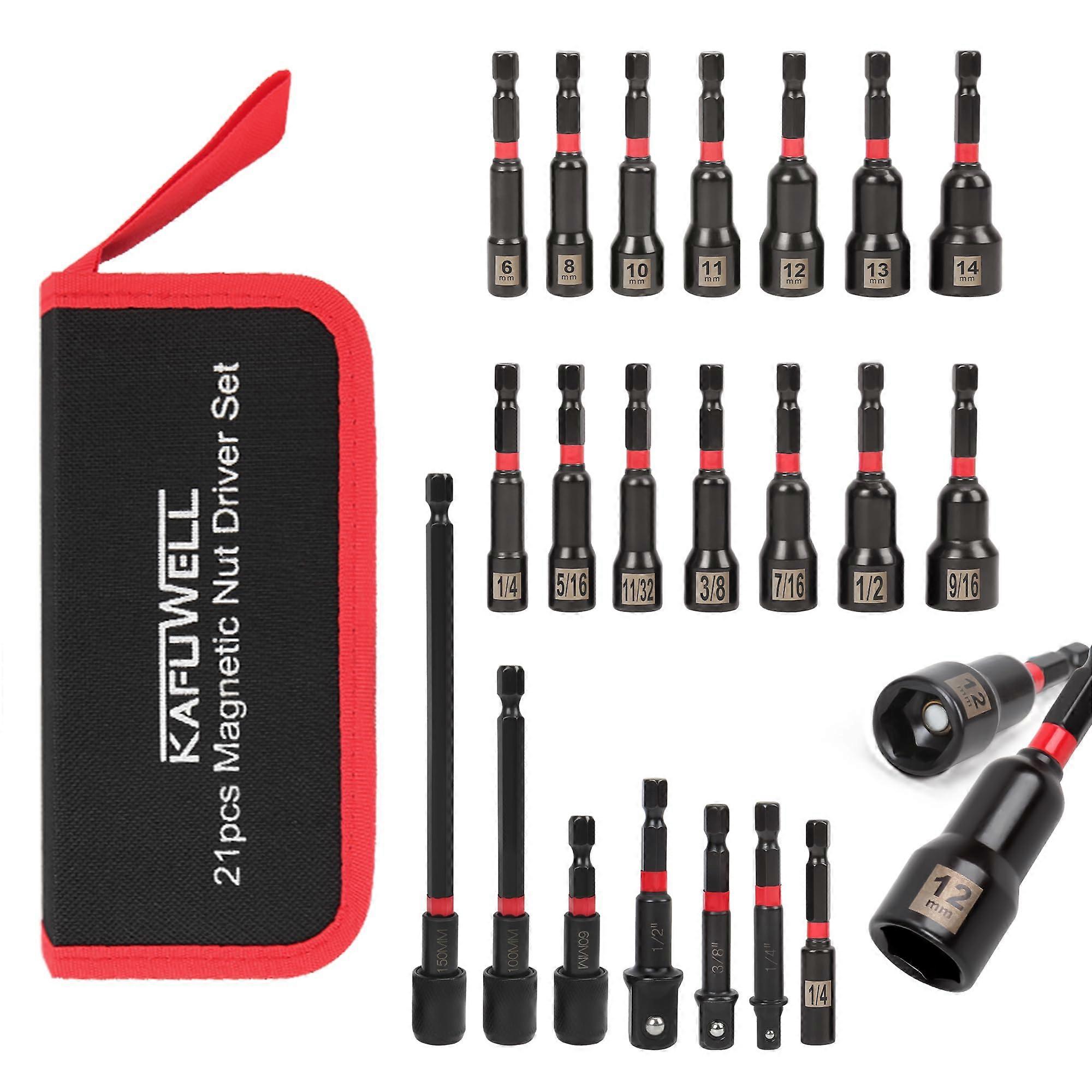 21PCS Magnetic Nut Driver Set Metric and SAE Sizes Impact Socket Adapters QuickRelease Extensions with Storage Bag