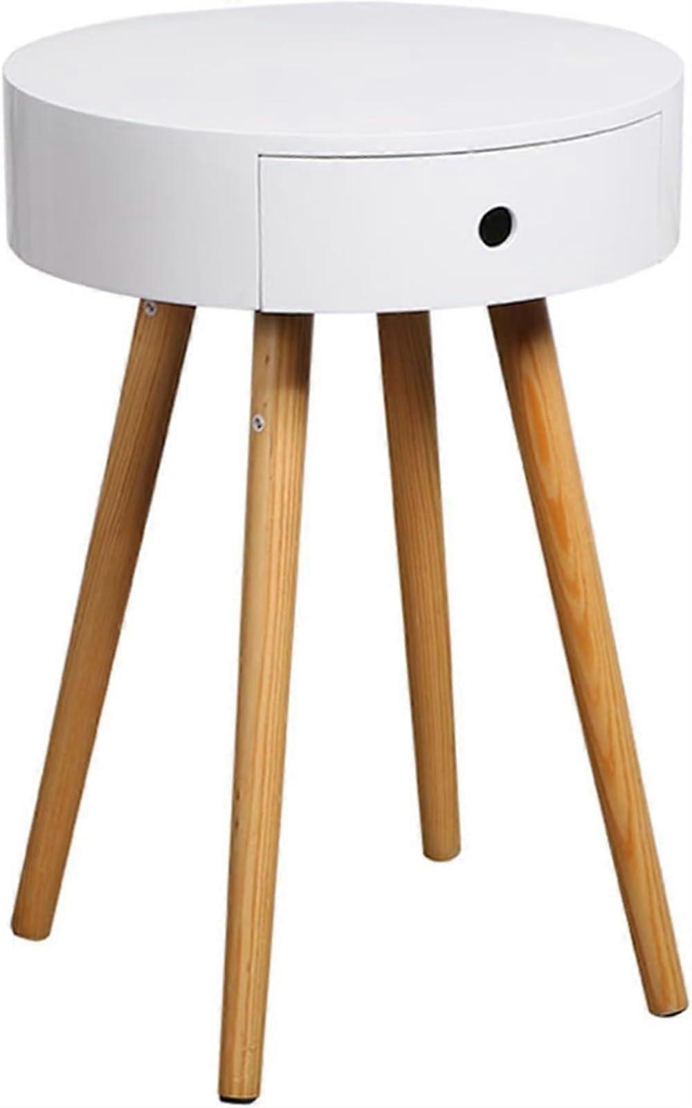 White Round Side Table with Drawer, Small Bedside Coffee Table for Living Room Sofa