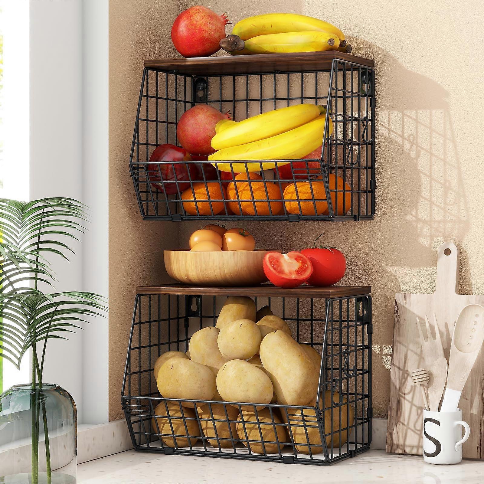 2pcs Stackable Kitchen Storage Basket with Wood Lid, Wall Mounted Fruit and Vegetable Organizer, Brown Ref:7859