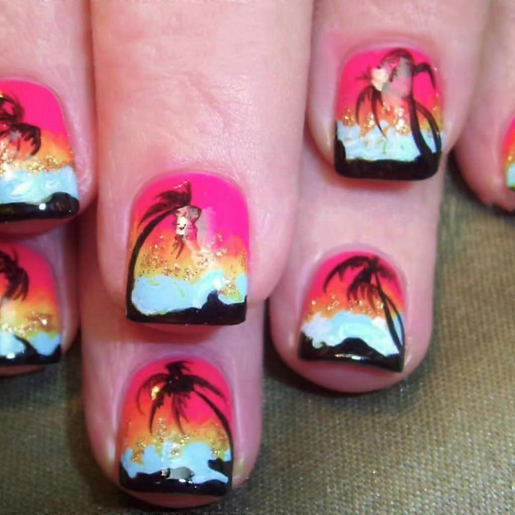24Pcs Short Square Press On Nails Glossy Coconut Tree False Nails Seaside Gradient Vacation Style
