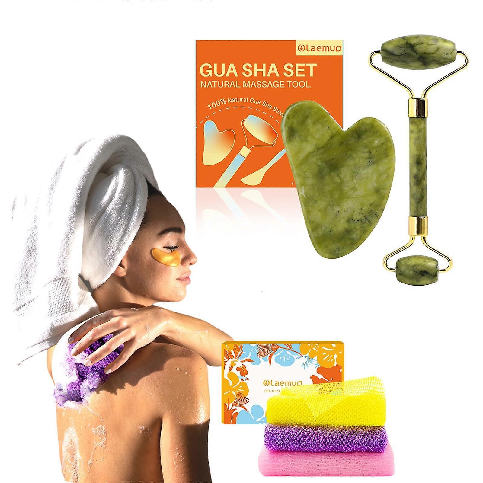 3PCS African Net Bath Sponge Set for Deep Exfoliation with Jade Gua Sha Face Roller
