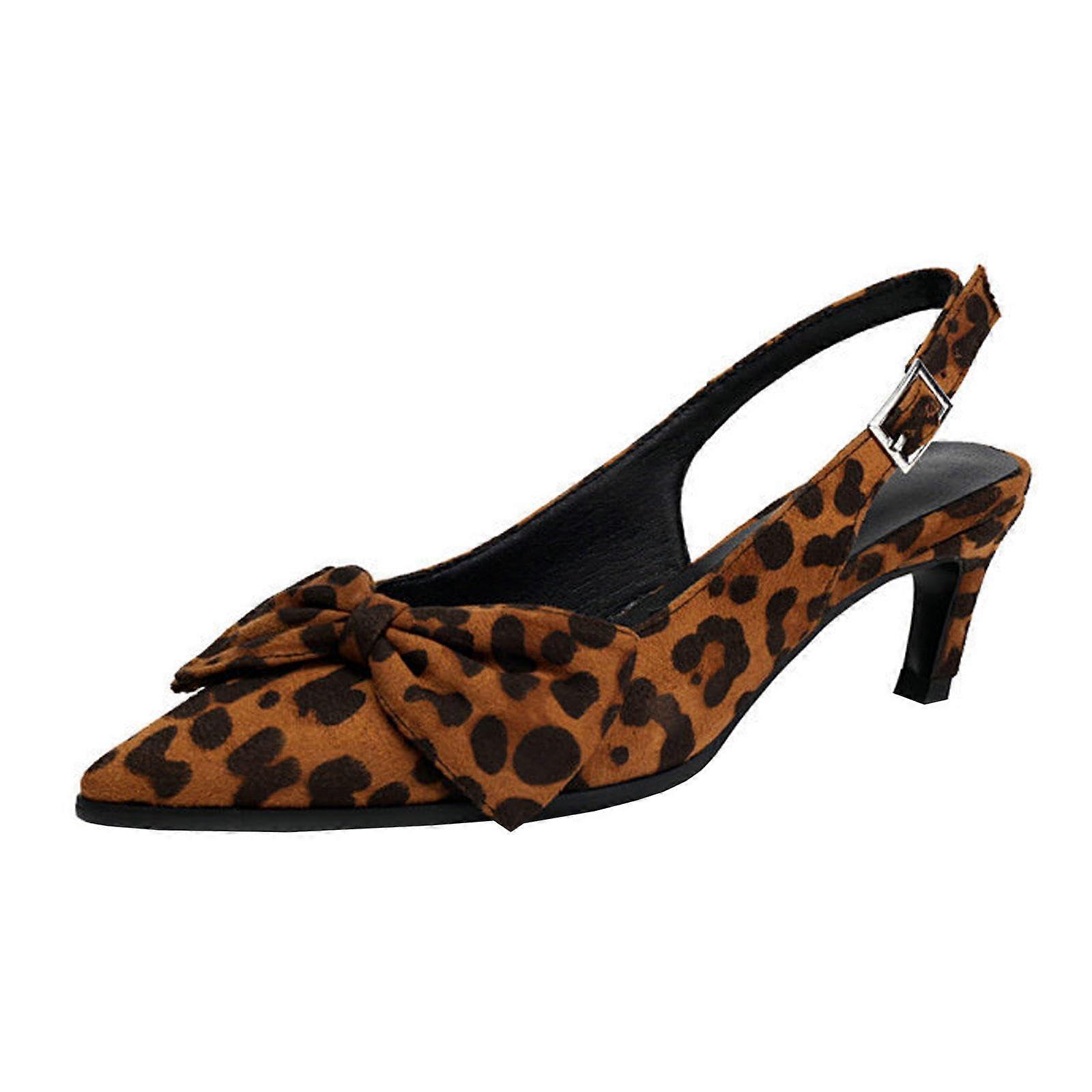 Women's  Heels Pointed Toe Pumps Leopard Print Stiletto with Adjustable Ankle Strap 5cm Heel