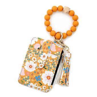 Boho Wallet Keychain for Women with Beaded Wristlet, Floral PU Leather Card Holder and Tassel