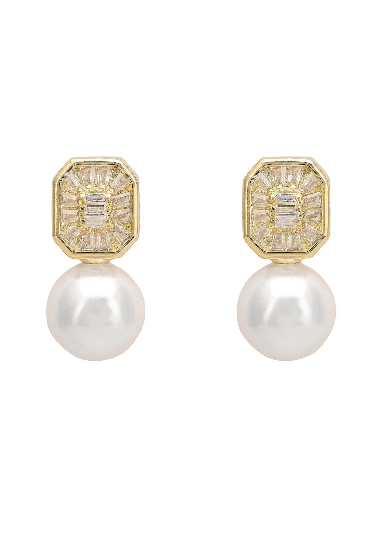 Pearl Rectangular Cz Drop Earrings Gold